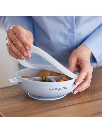 Baby Ono |Πιάτο σιλικόνης με 3 θέσεις, καπάκι & βάση με βεντούζα - Μπλε