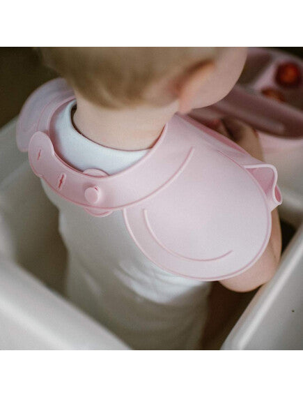 BabyOno | Σαλιάρα σιλικόνης 6m+ με θήκη περισυλλογής τροφίμων-Pink