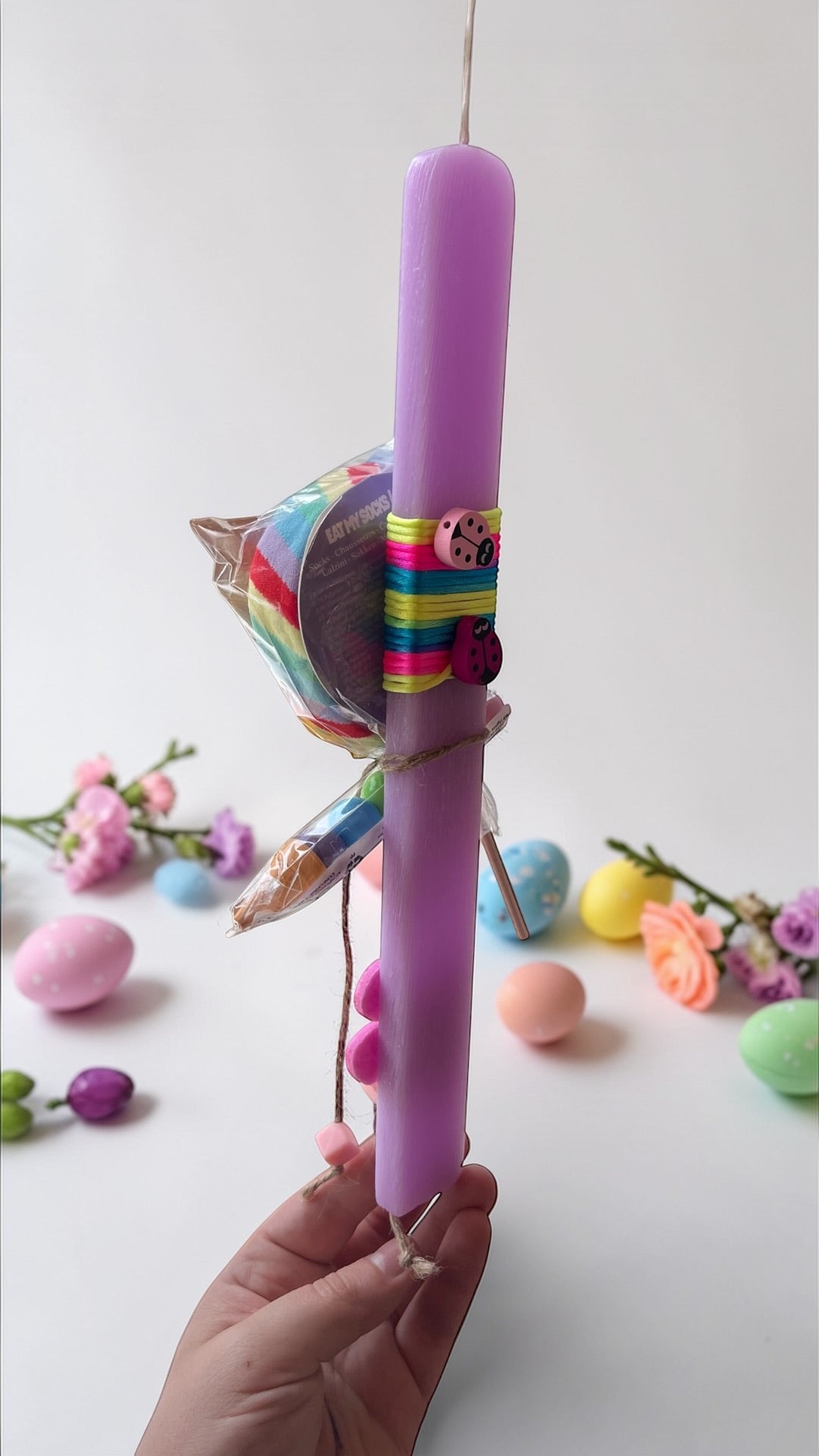 Handmade Easter Candle with Eat My Socks Lollipop Pair of Socks and Ooly stackable ice-cream crayons Age 5-10 years Old)