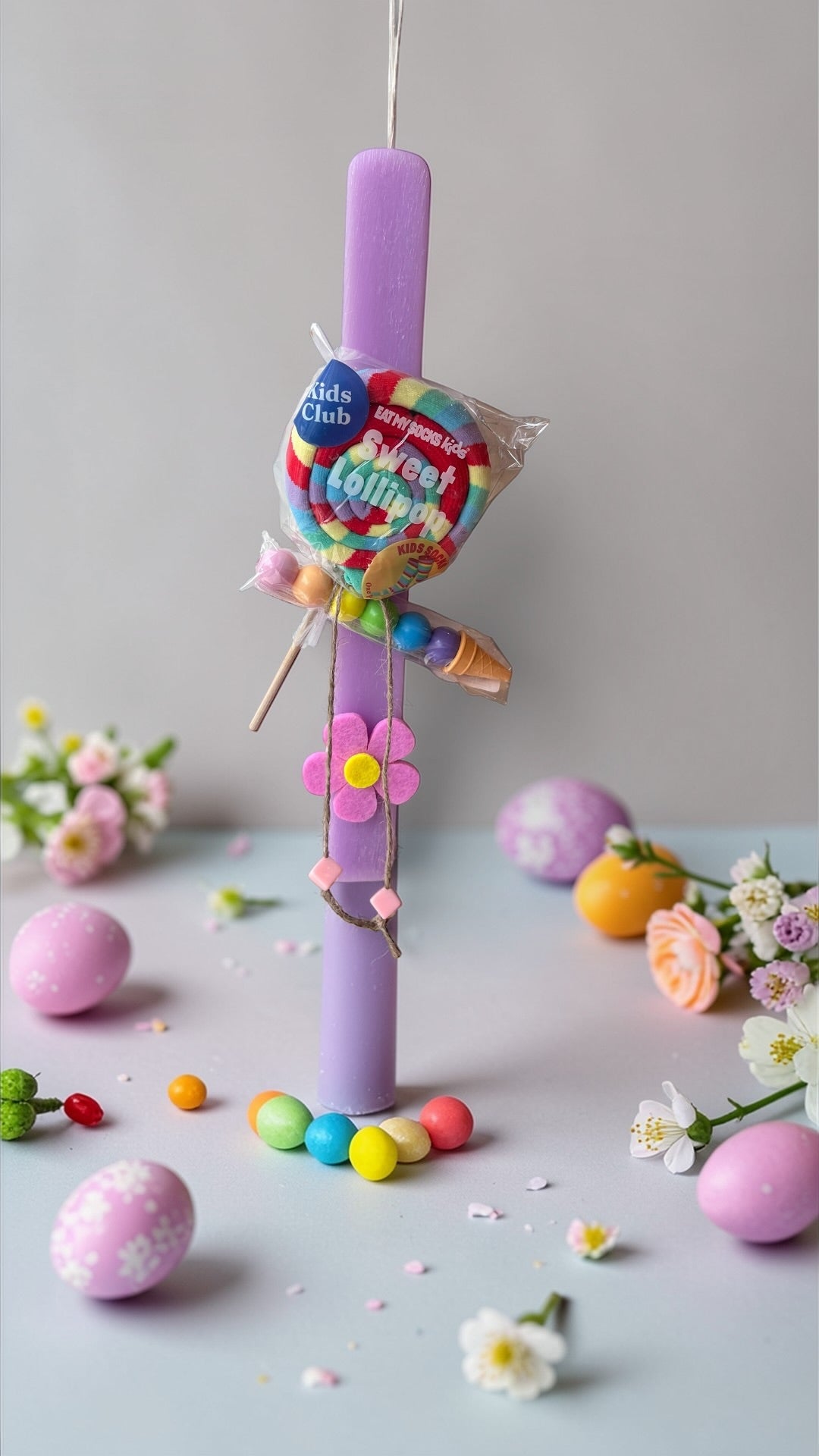 Handmade Easter Candle with Eat My Socks Lollipop Pair of Socks and Ooly stackable ice-cream crayons Age 5-10 years Old)