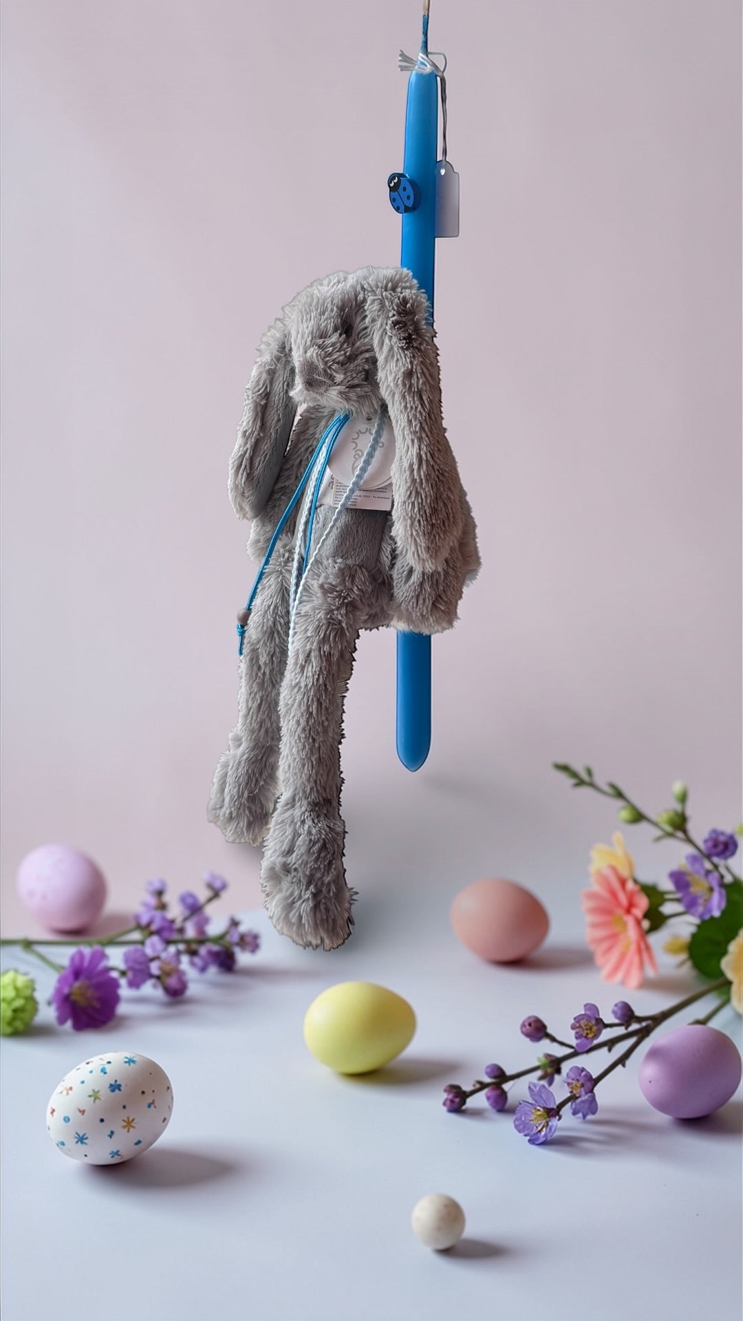 Handmade Easter Candle with Bunny Plush Toy Grey