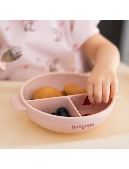 Baby Ono | Πιάτο σιλικόνης με 3 θέσεις, καπάκι & βάση με βεντούζα - Ροζ