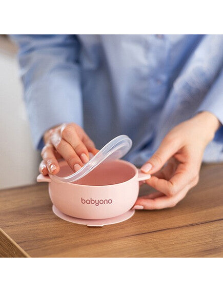 Baby Ono | Μπολάκι σιλικόνης με λαβές, καπάκι & βάση με βεντούζα - Ροζ