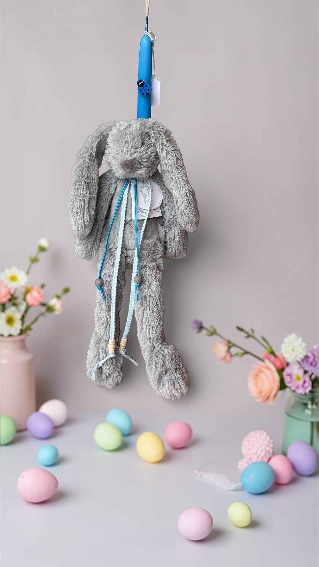 Handmade Easter Candle with Bunny Plush Toy Grey