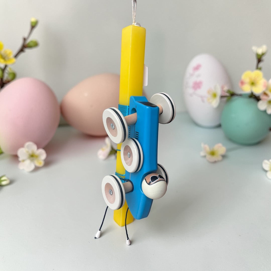 Handmade Easter Candle with Wodden Car Toy Blue