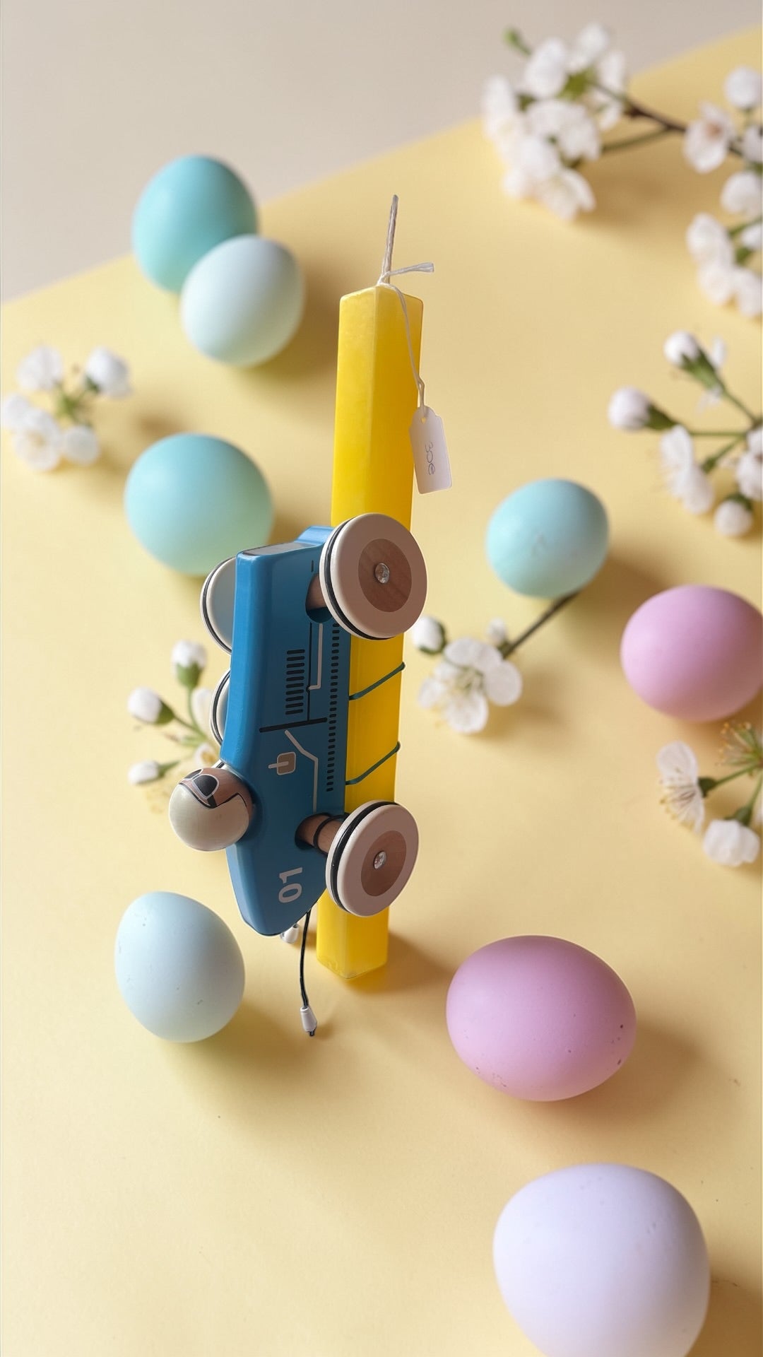 Handmade Easter Candle with Wodden Car Toy Blue