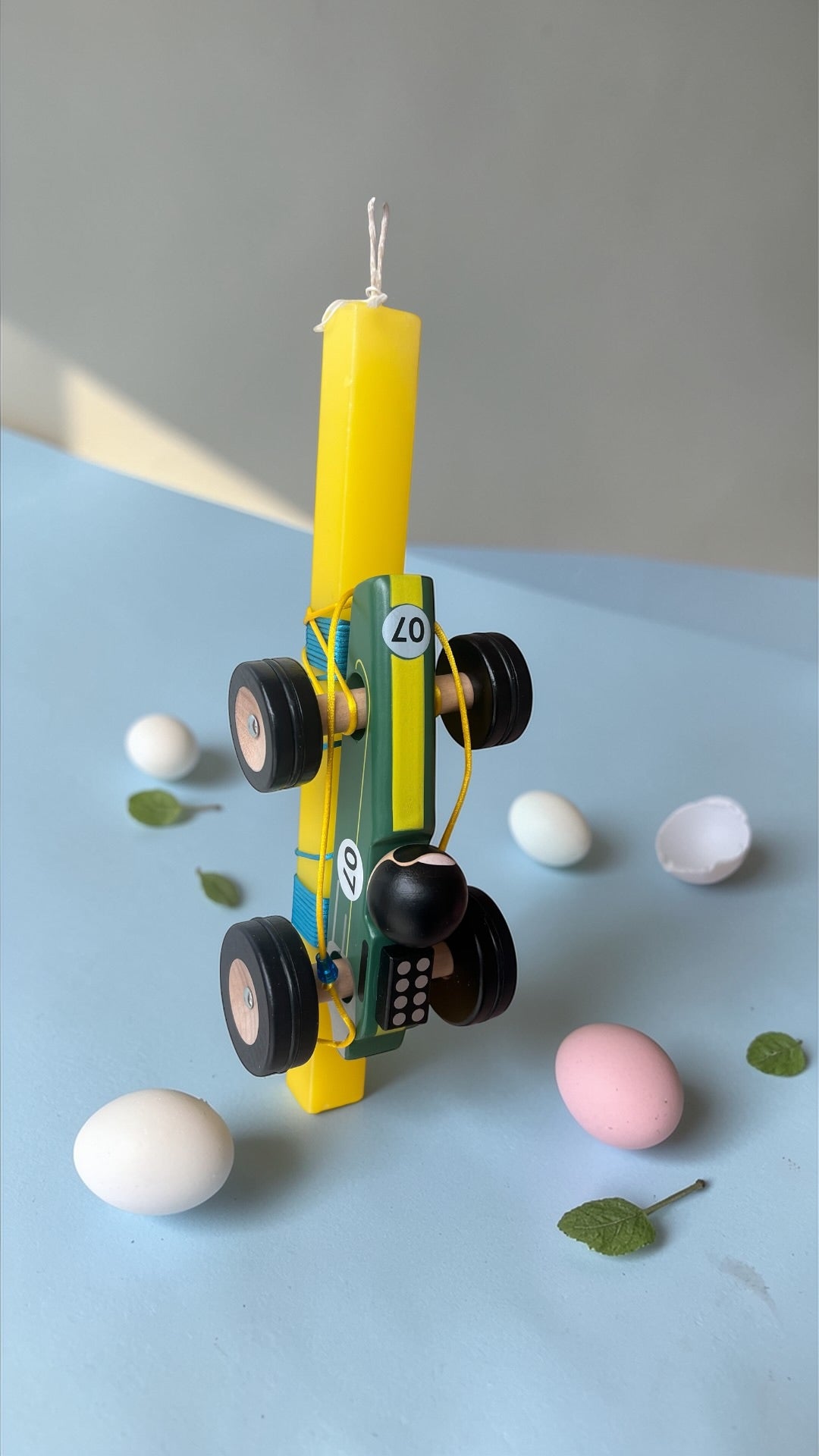 Handmade Easter Candle with Wodden Car Toy Green