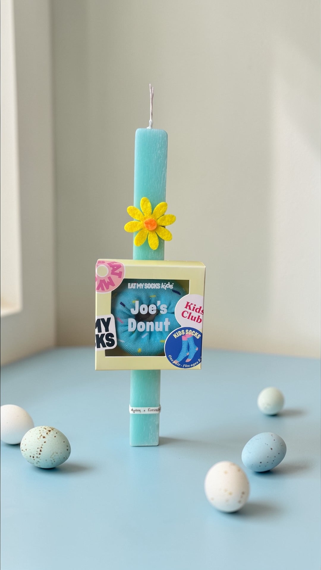 Handmade Easter Candle with Eat My Socks Donut Pair of Socks (Age 5-10 years Old)
